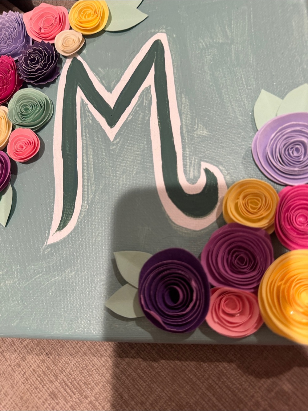 Handmade Floral Monogram Canvas - Letter M in Mint Green and White